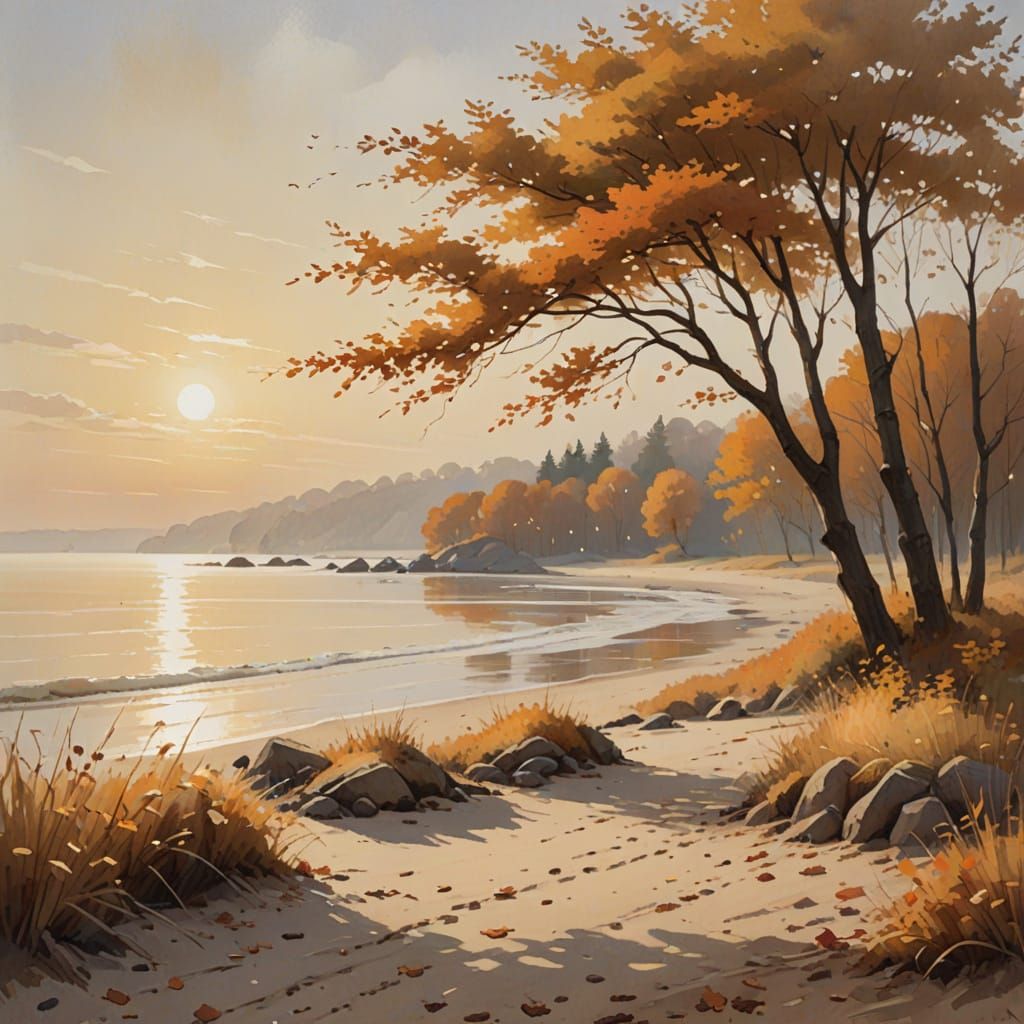 Serene Autumn Landscape Painting on Shore