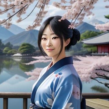 Asian Woman at Sakura Tree with Temples