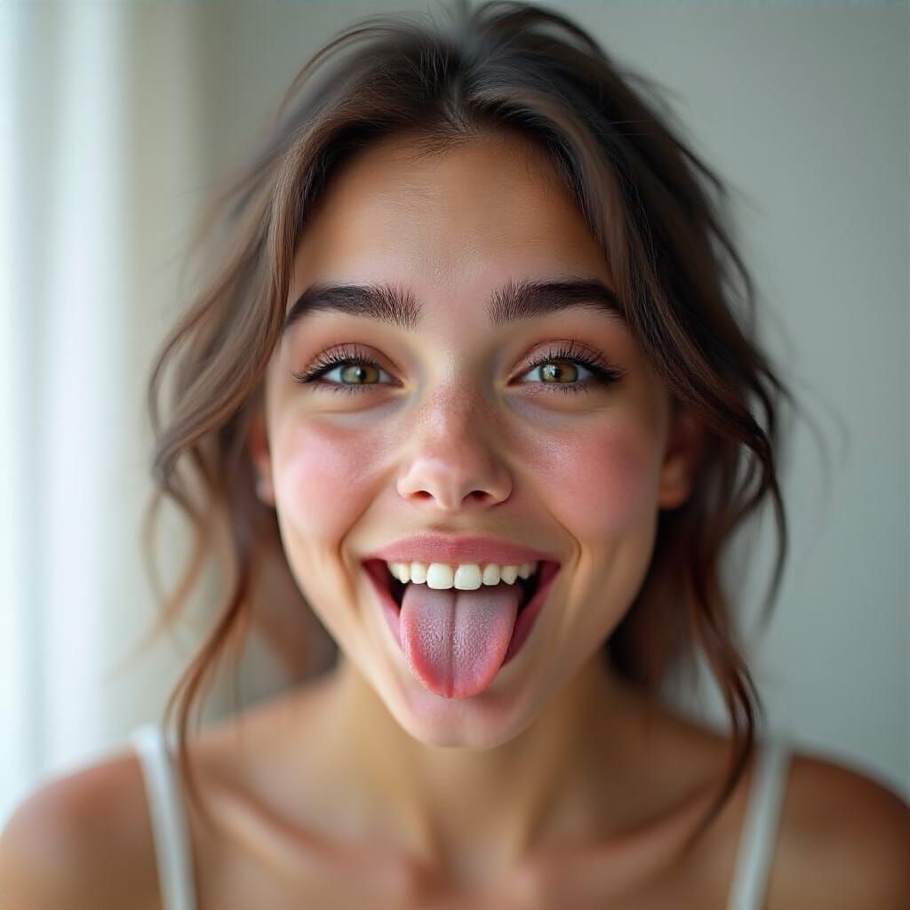 Playful Woman Sticks Tongue Out, Hyperrealistic Photo