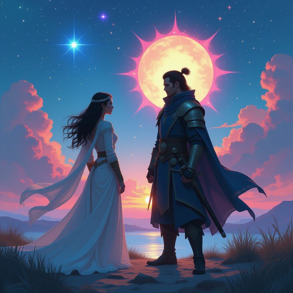 Mystical Warriors in Astral Landscape, Digital Art