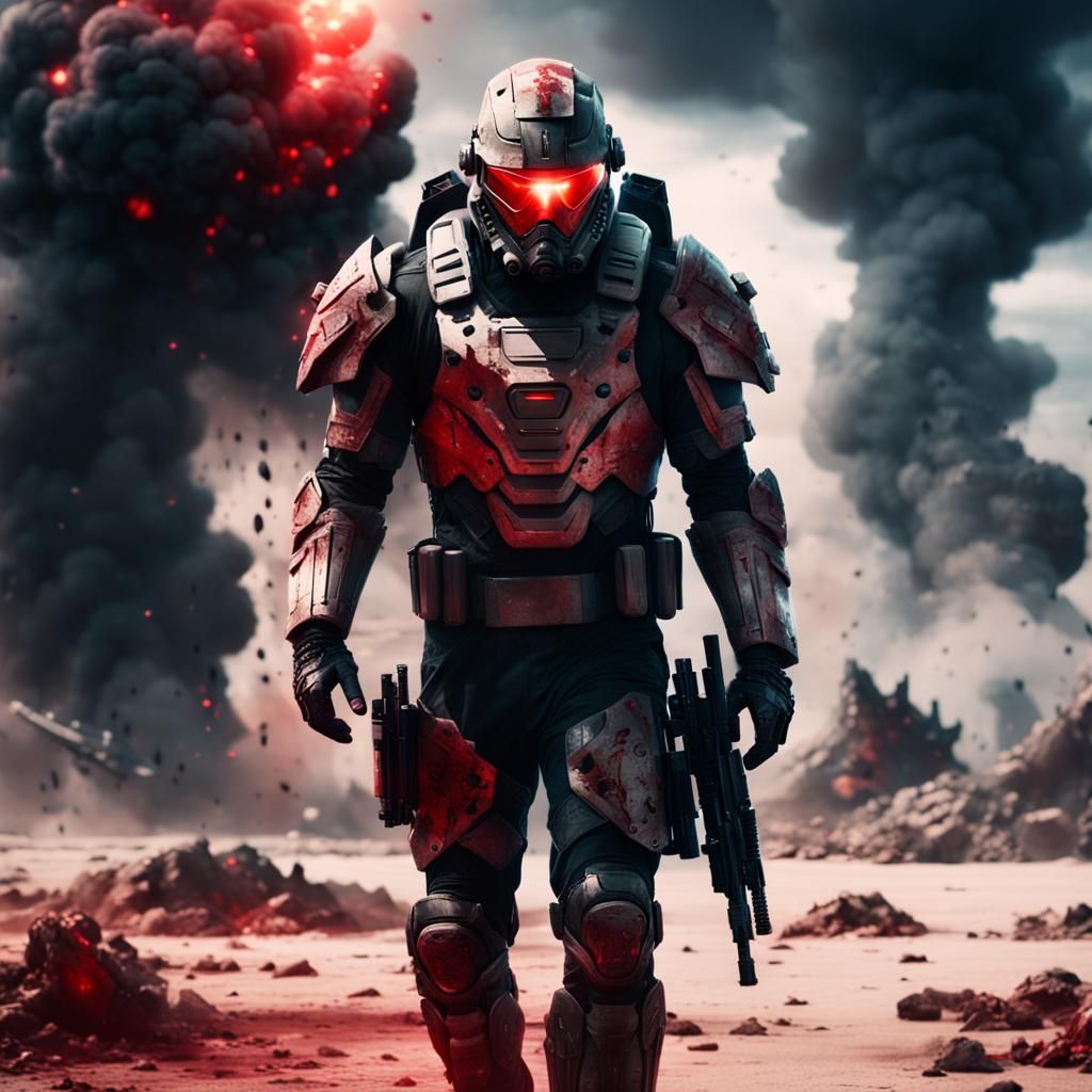 Futuristic Soldier Strides Away from Explosion