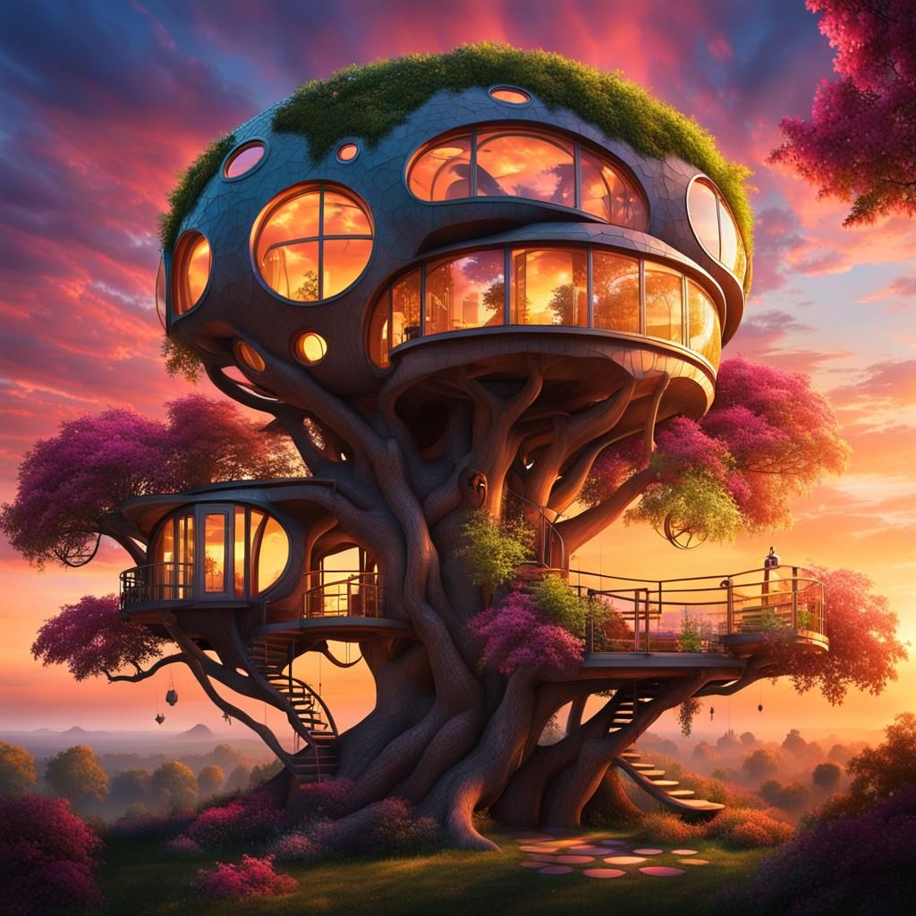 Futuristic Treehouse at Sunset