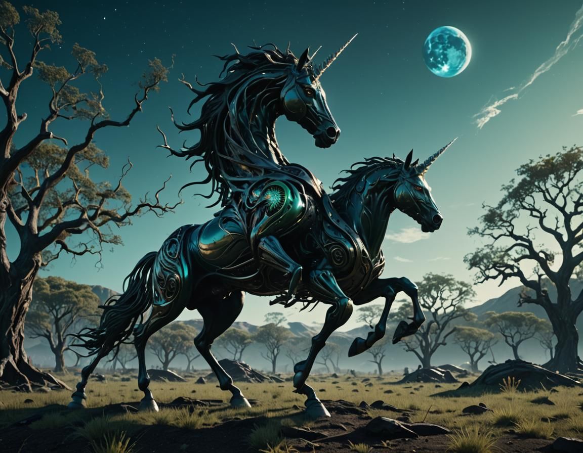 Metallic Unicorn Rearing on Alien Planet in Sci-Fi Style