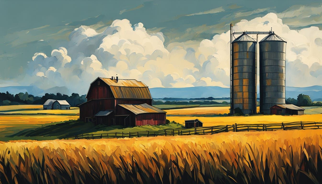 Expressionist Farm with Silo: Impasto Oil Painting