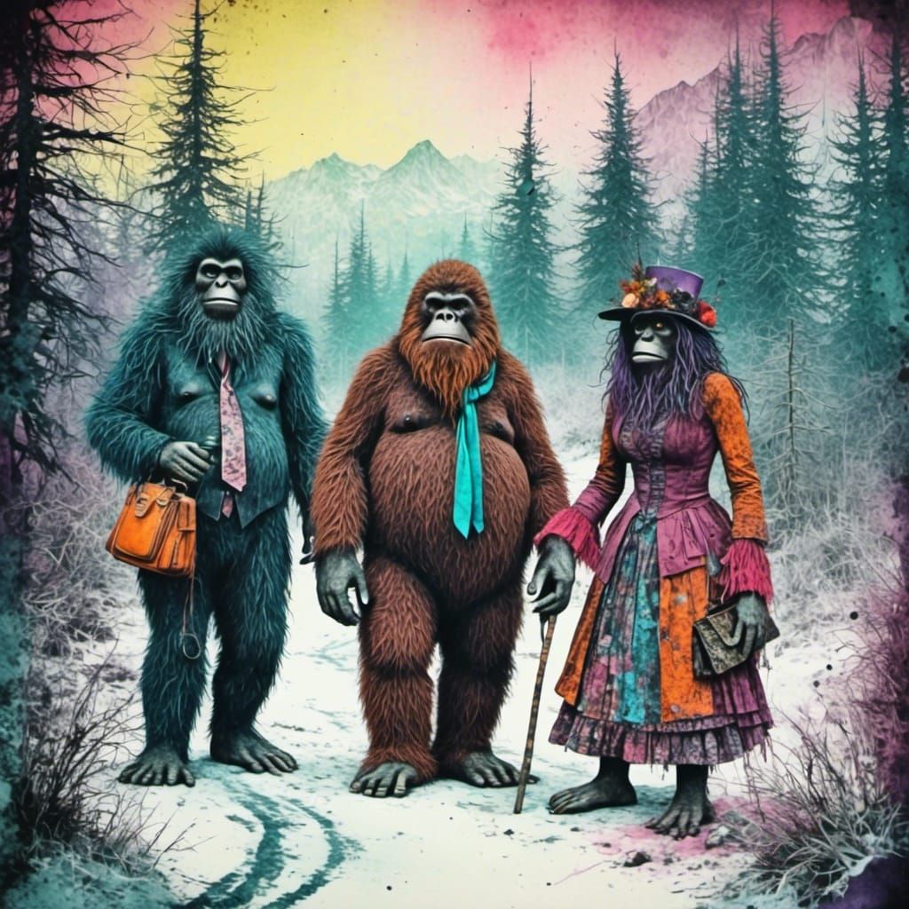 Victorian Bigfoot Party in Watercolor Style