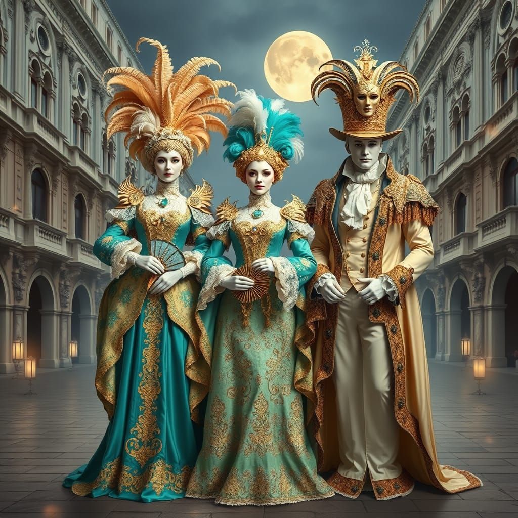 Three elegantly dressed figures in lavish 18th-century Venet...