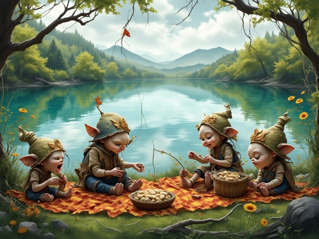 Goblins Enjoying a Peaceful Picnic by a Serene Lake