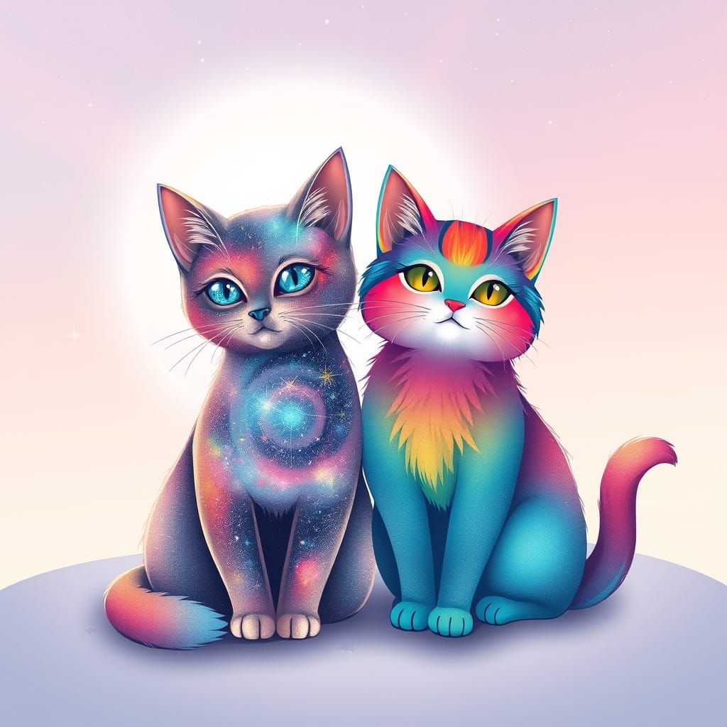 Celestial Feline Duo in Whimsical Galaxy Landscape