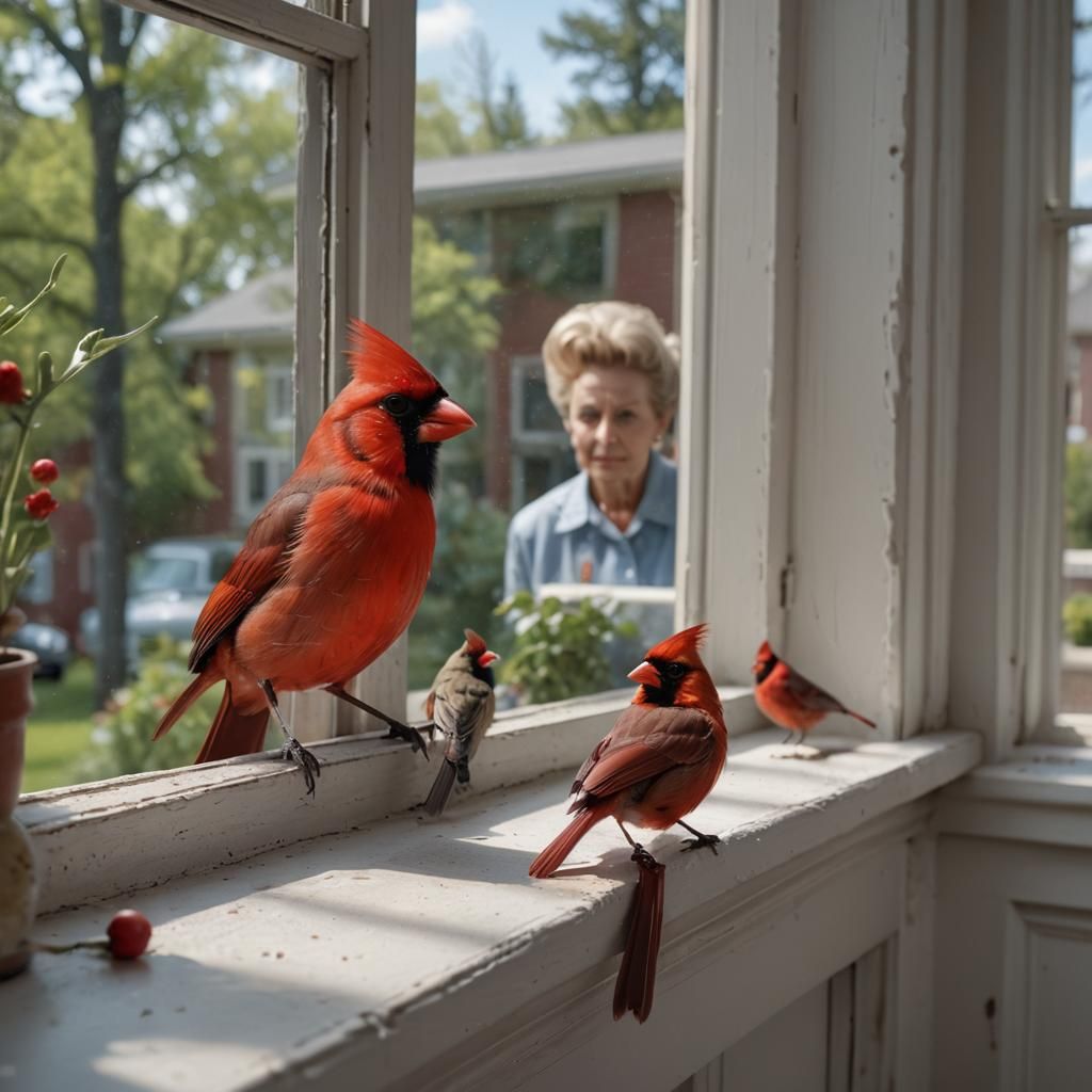 Cardinal at Kitchen Window, Hyperrealistic 3D Rendering