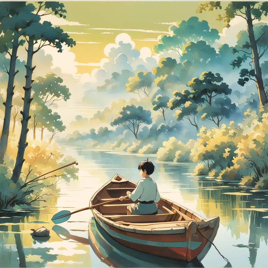 Boy Rowing Boat: Vintage UPA Style Illustration