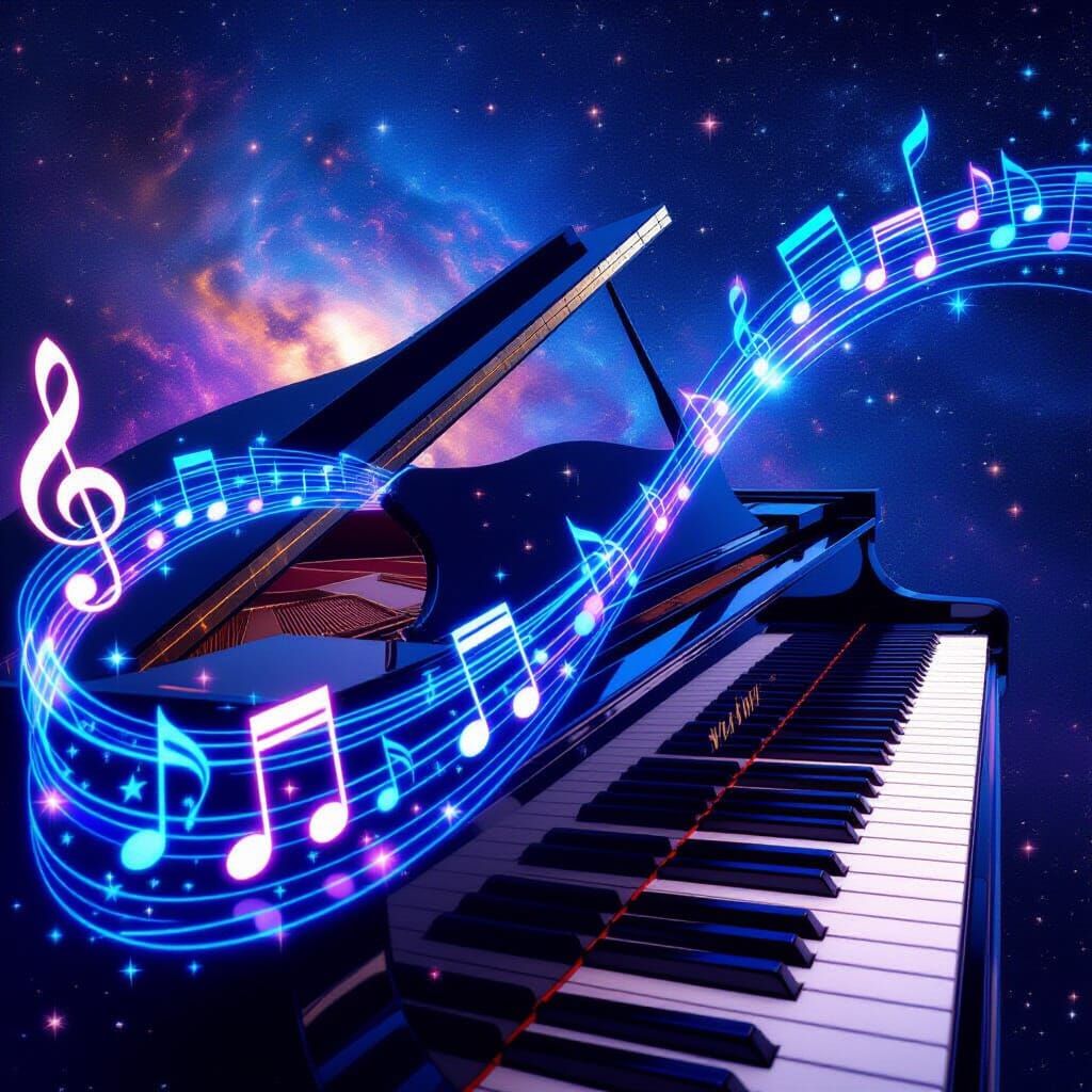 Cosmic Piano with Swirling Musical Notes