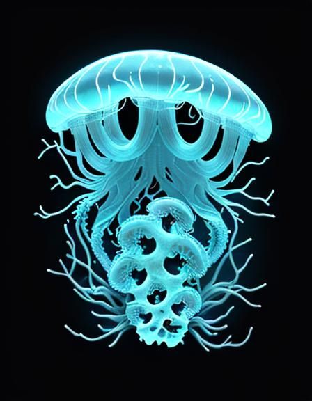 Bioluminescent Skull Jellyfish in Deep Sea Coral Reef