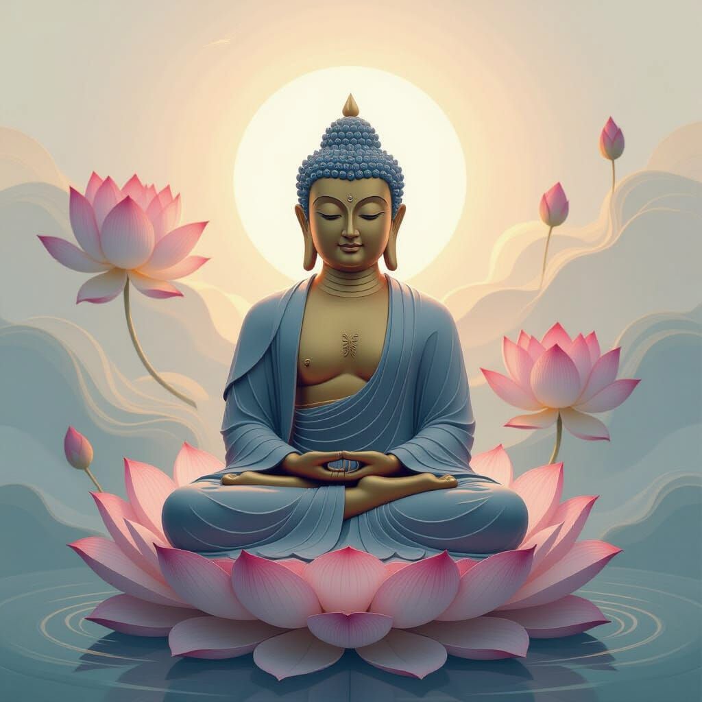 Serene Buddha Art: Ethereal Lotus Flowers and Golden Light