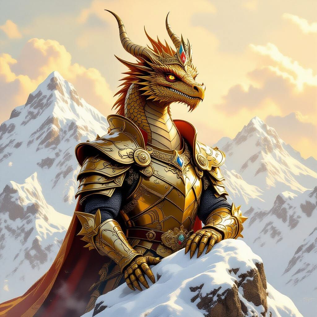 Regal Dragon in Golden Armor on Snowy Peak