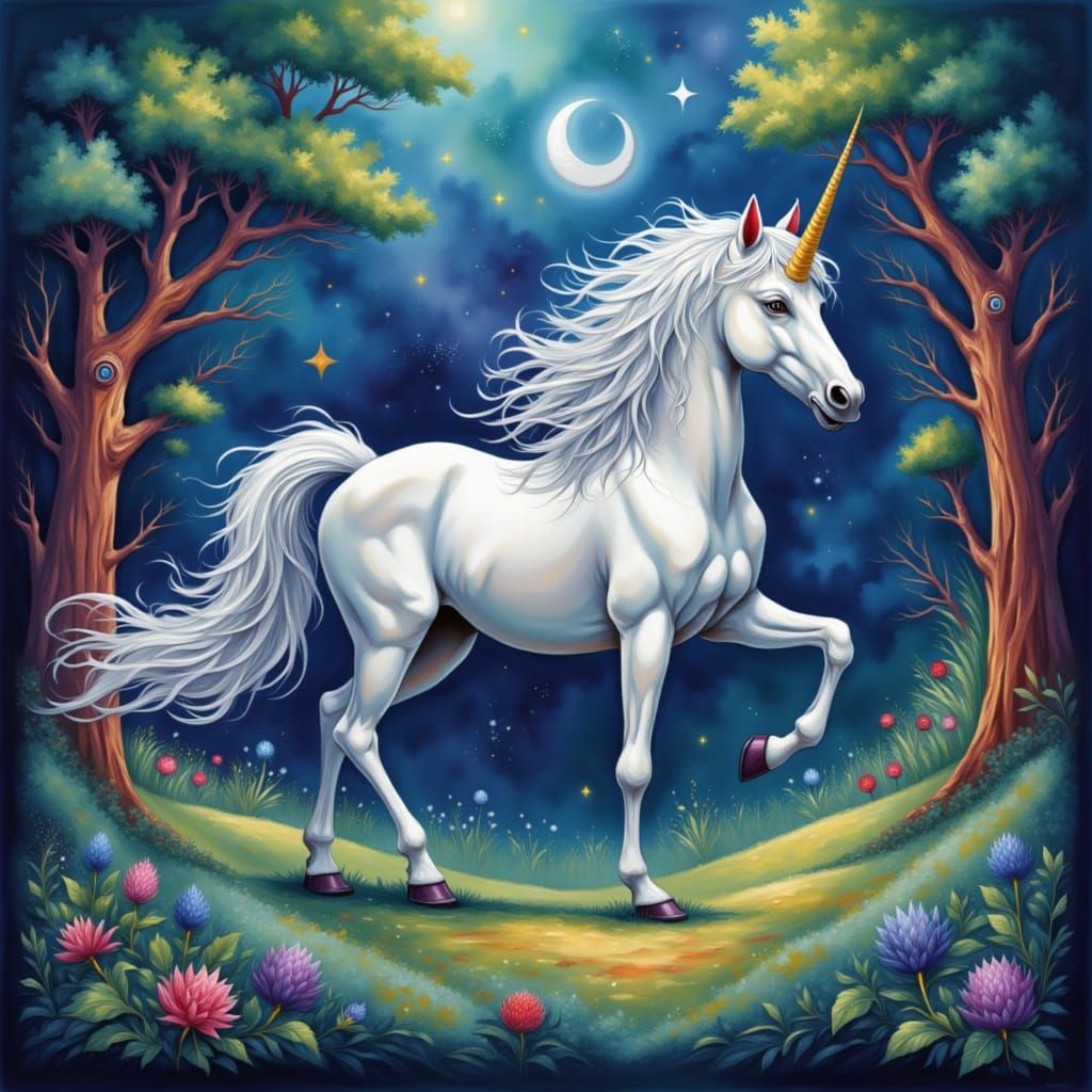 Mythic Unicorn in Vibrant Forest, Dreamy Illustration