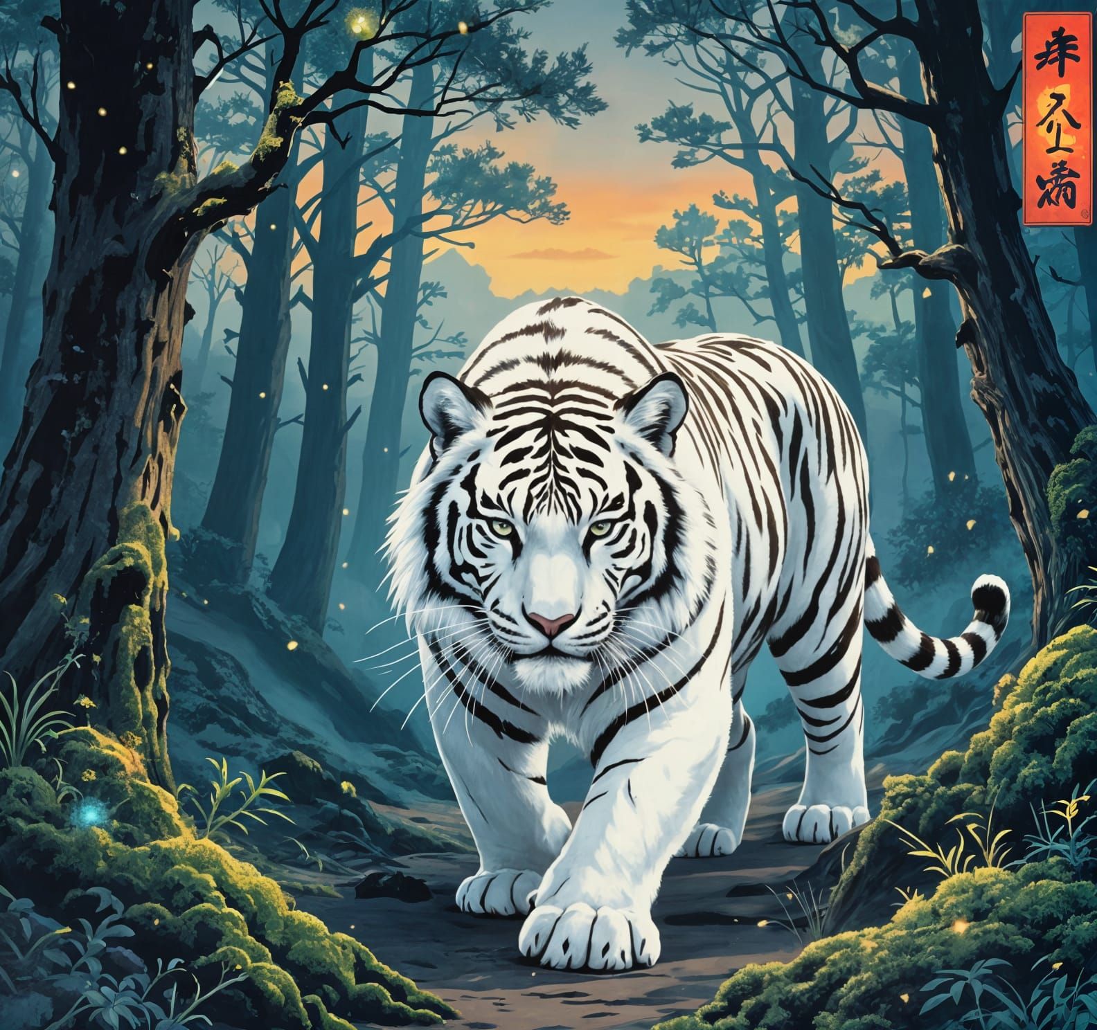 White Tiger in Mystical Japanese Forest