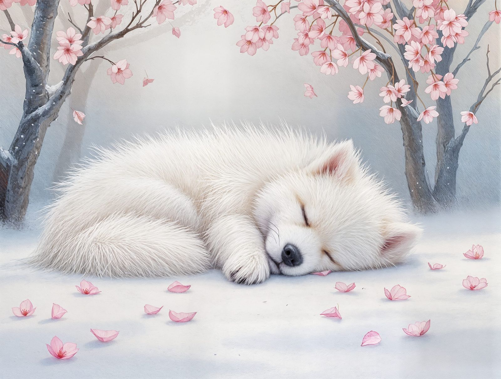 Impressionistic Dreamscapes: Fluffy White Dog in Cherry Blos...