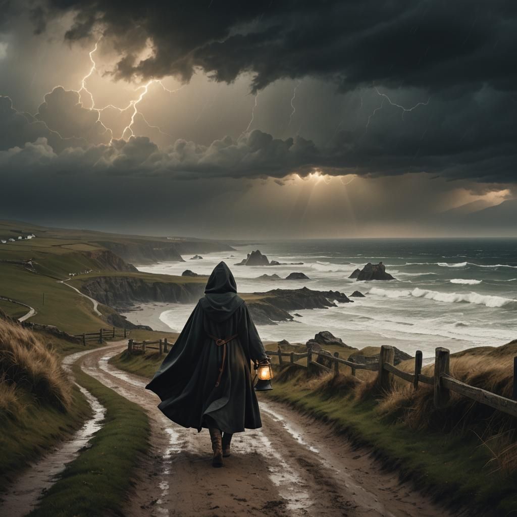 Girl with Lantern on Stormy Coast: Digital Matte Painting
