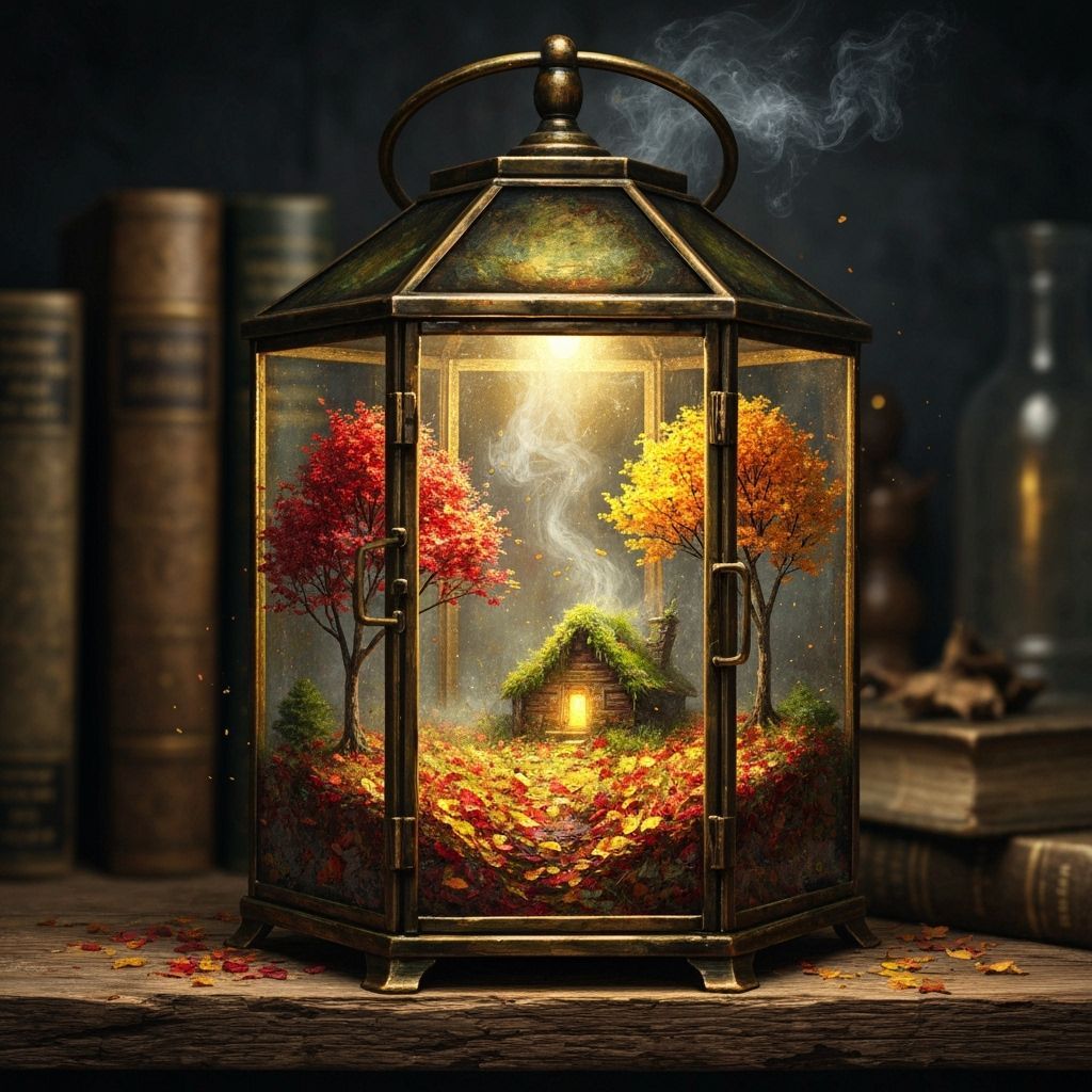 Autumn Forest Glows Inside Antique Lantern Oil Painting