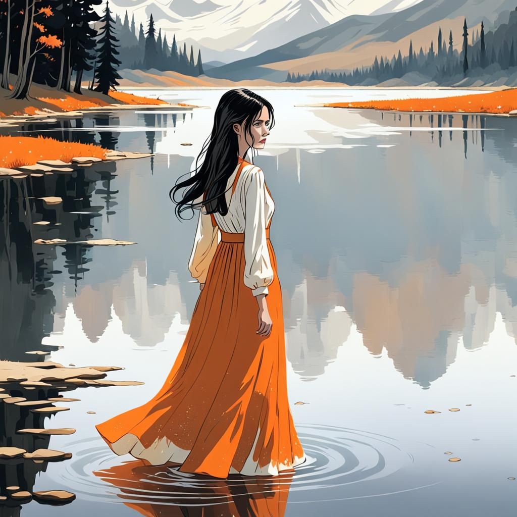 Woman in Orange Dress Walks into Lake