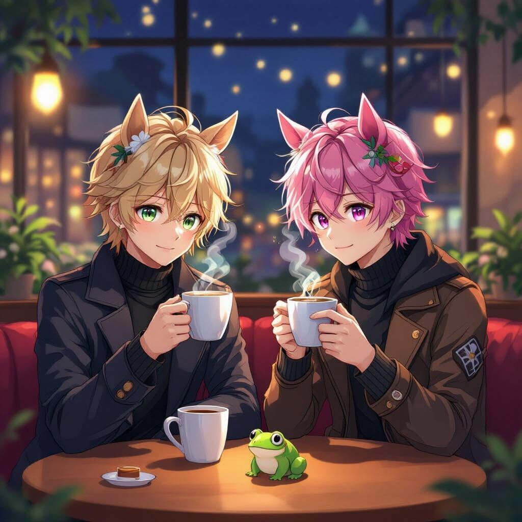 Anime Guys with Horse Ears in Cozy Cafe