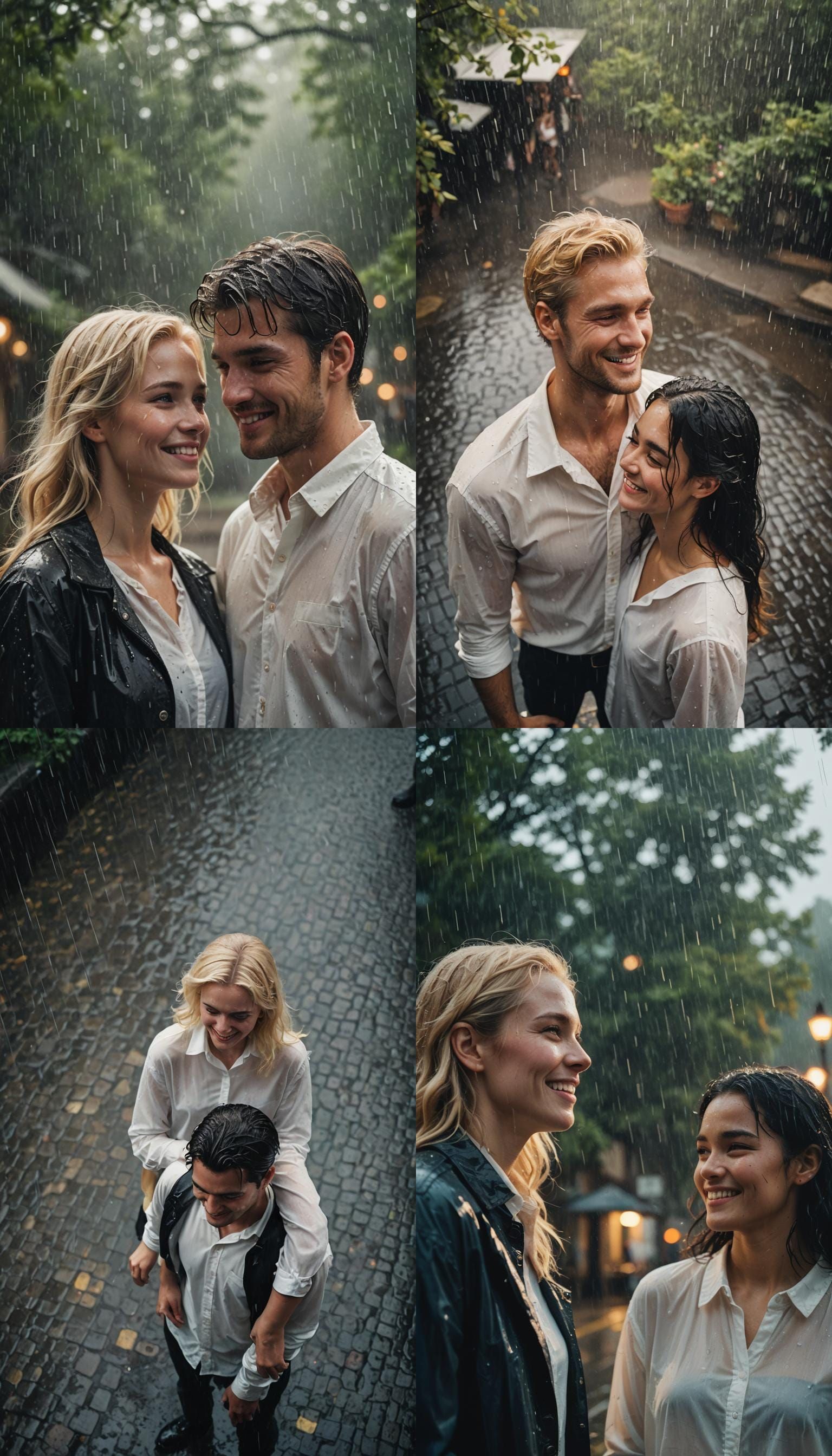 Couple Smiling in the Rain: Cinematic Film Still