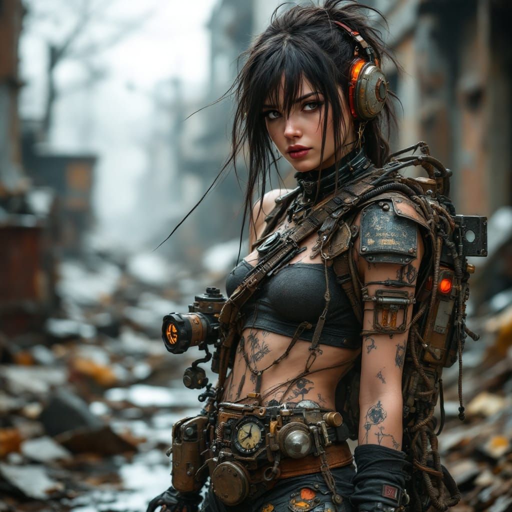 Trashpunk Girl in Dystopian Junkyard
