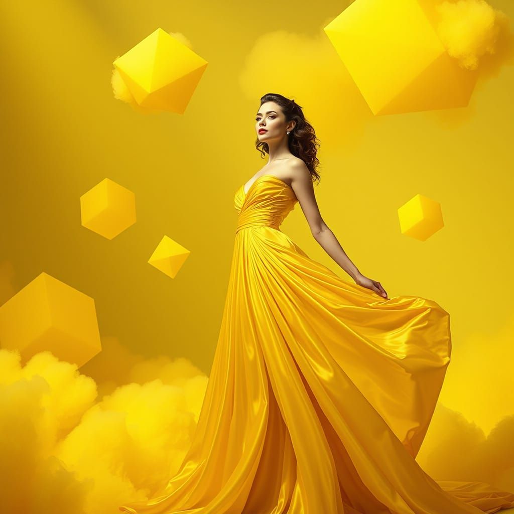 Surreal Pin-Up in Yellow Silk Gown Amidst Dreamscape