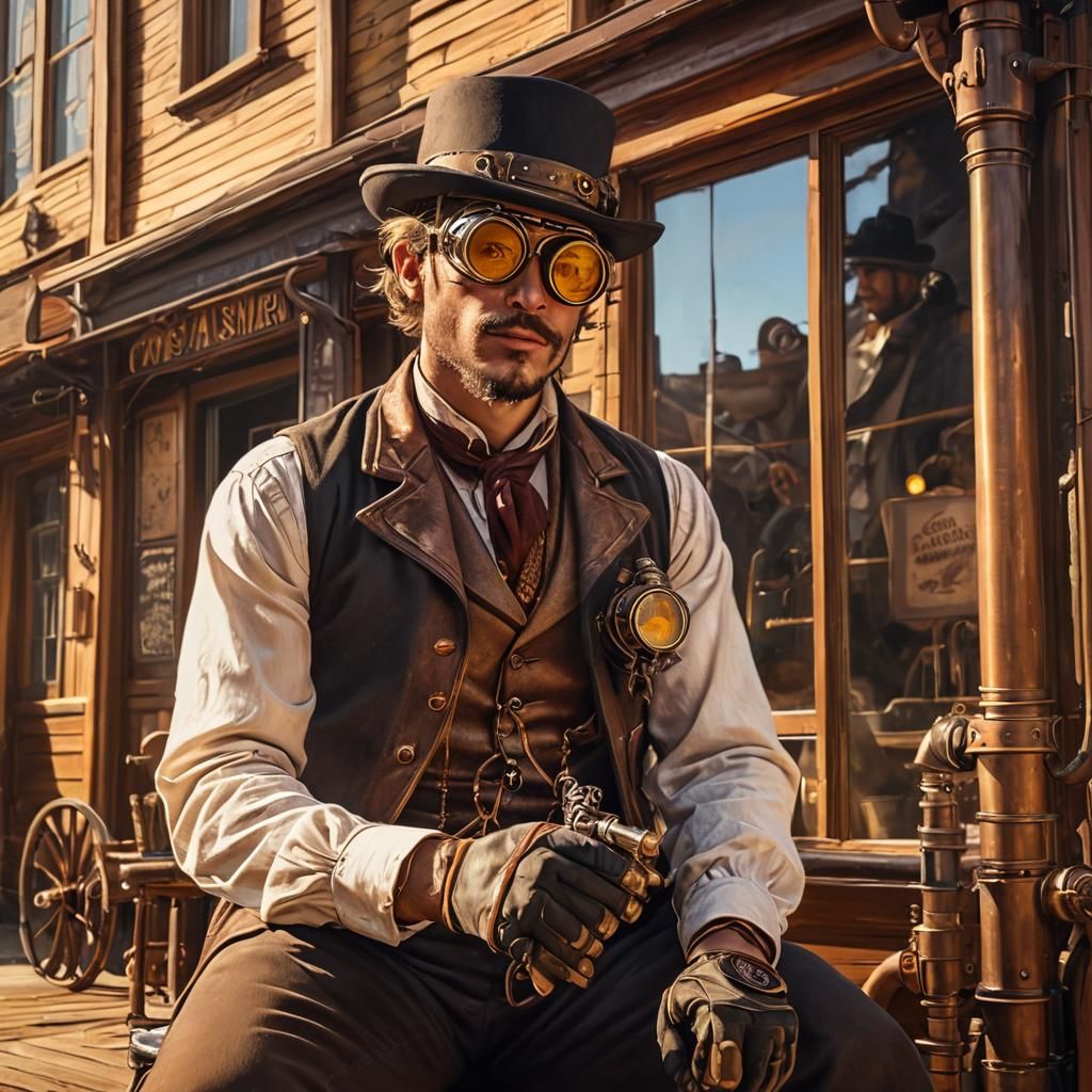Steampunk Gunslinger in Wild West Saloon