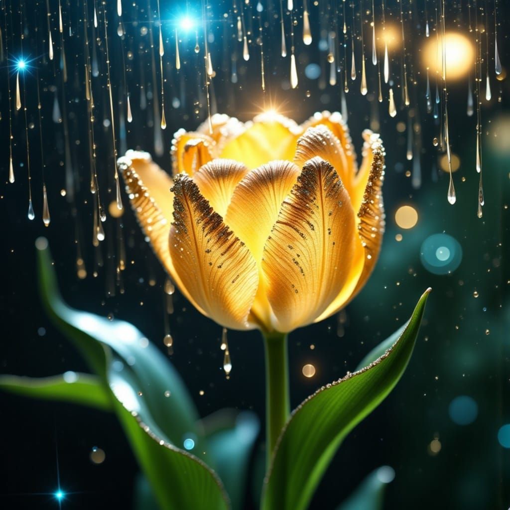 Tulip Blooms in Whimsical Glitter Rain with Magical Crystal...