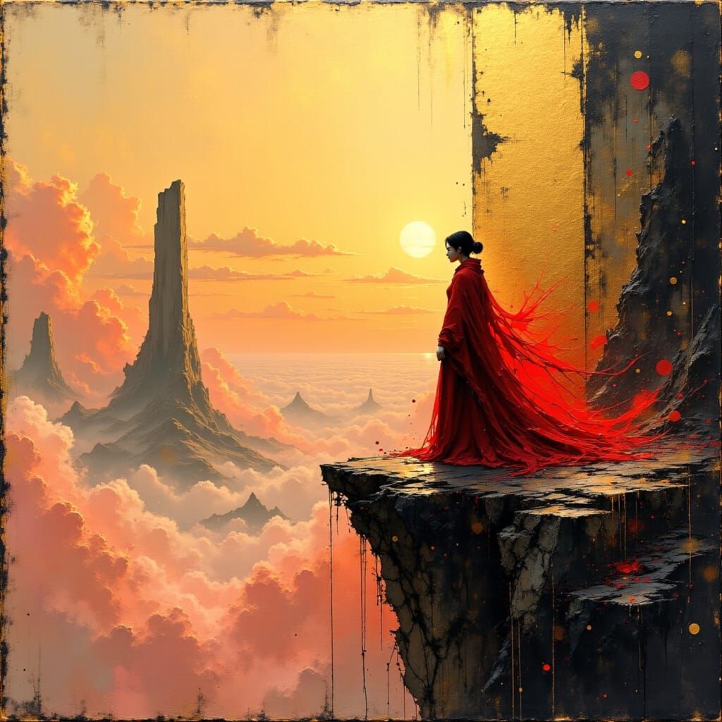 A woman stands at the edge of a cliff, crimson cloak ripplin...