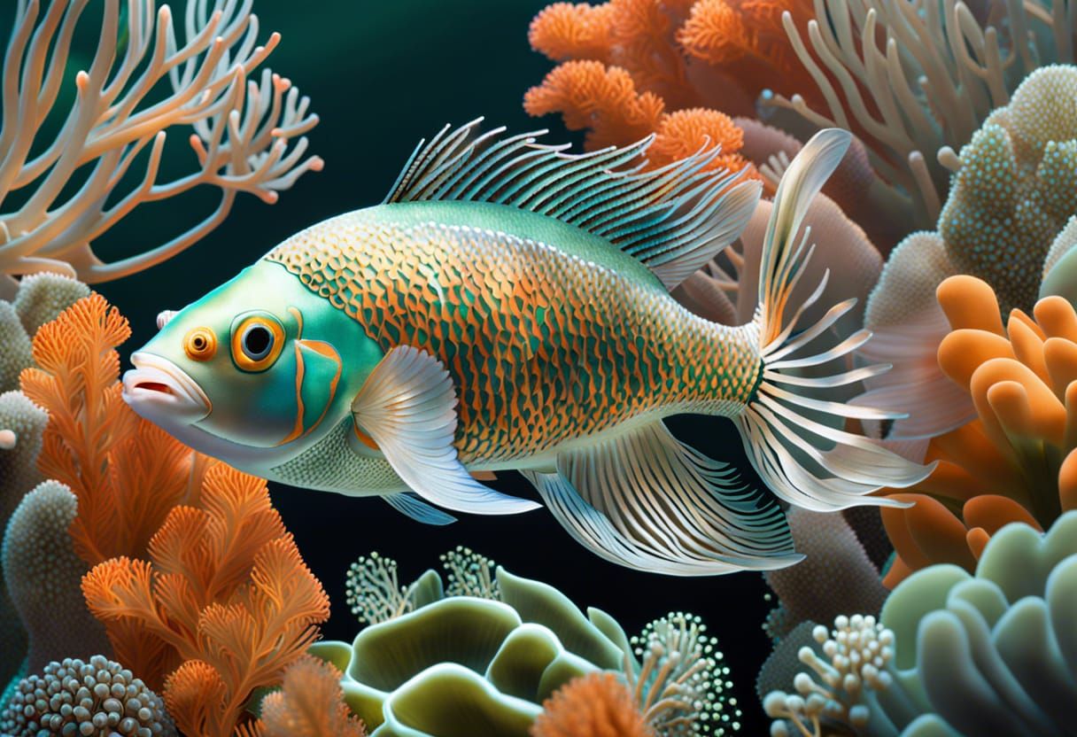 Crystal Fish Swimming in Coral Sea