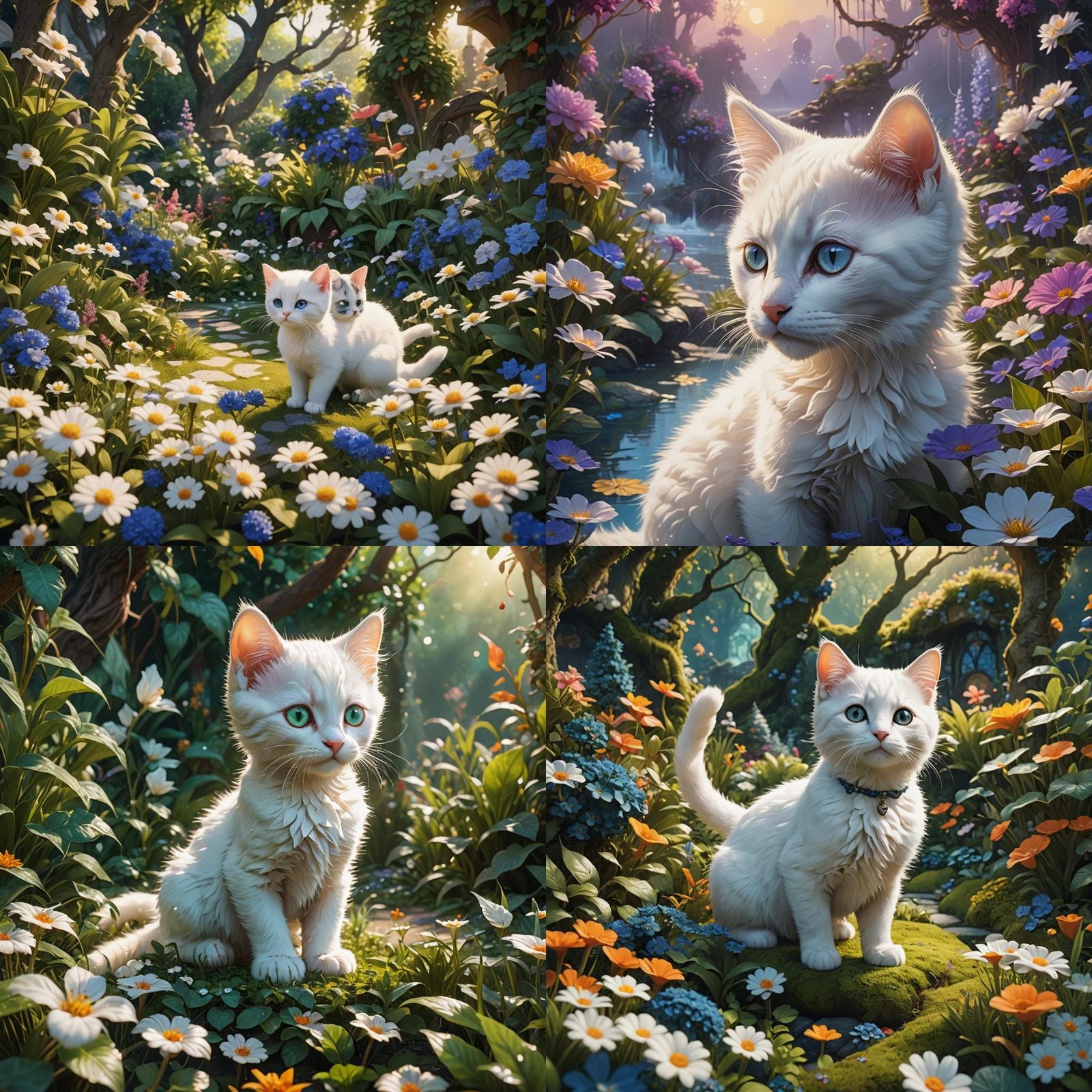 White Kitten in a Detailed Garden Scene