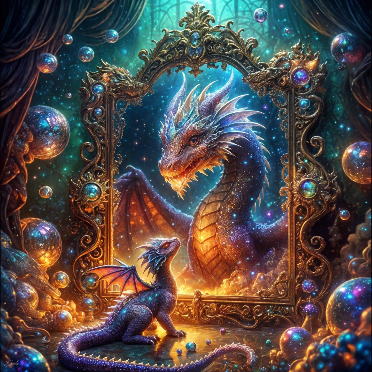 Young Dragon's Reflection: A Whimsical Fantasy Scene