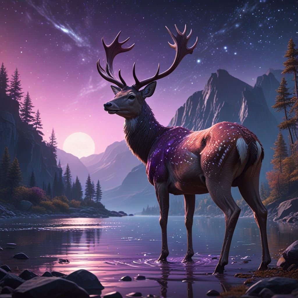 Stardust Deer with Starlight Antlers Reflecting Galaxies