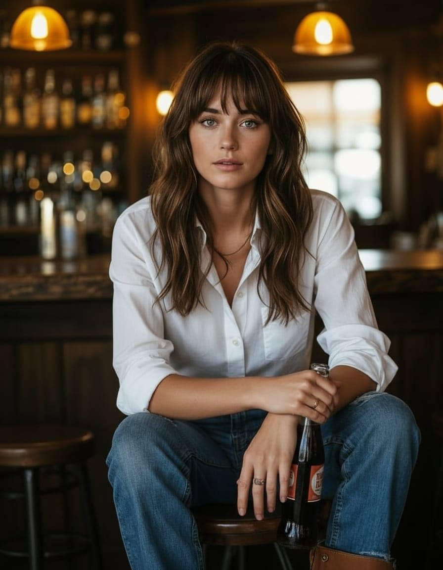 Woman in Dimly Lit Rustic Bar with Cinematic Glow