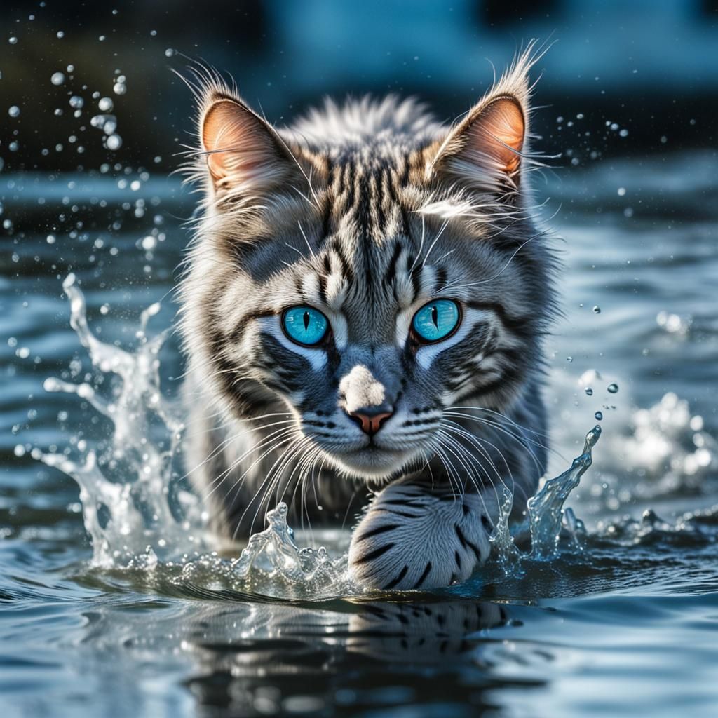 Hyperrealistic Cat Walking on Water Surface