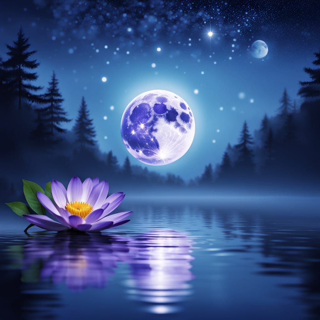 Luminous Moonlit Water With Floating Purple Flower