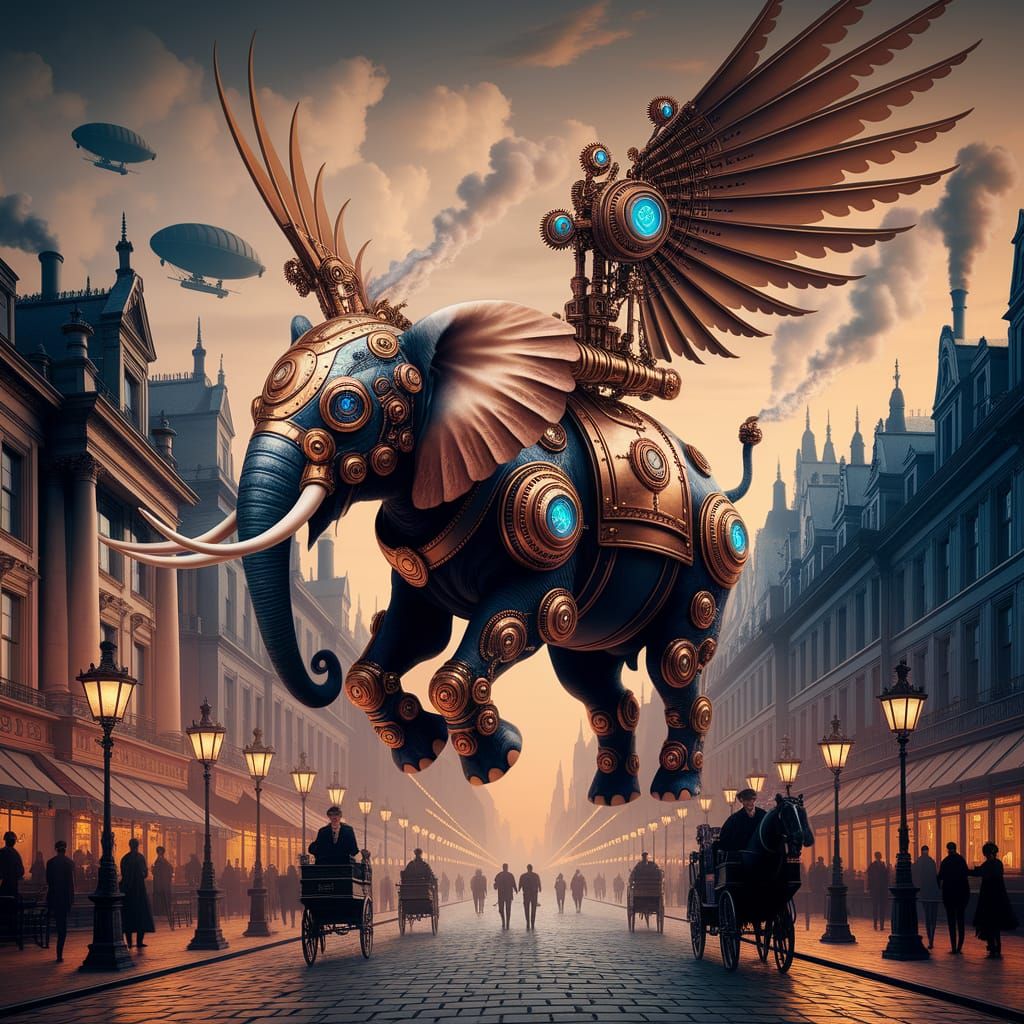 Steampunk Elephant Soaring Over Victorian City