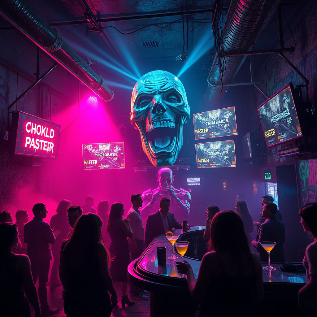 Dystopian Cyberpunk Nightclub with Neon and Digital Graffiti