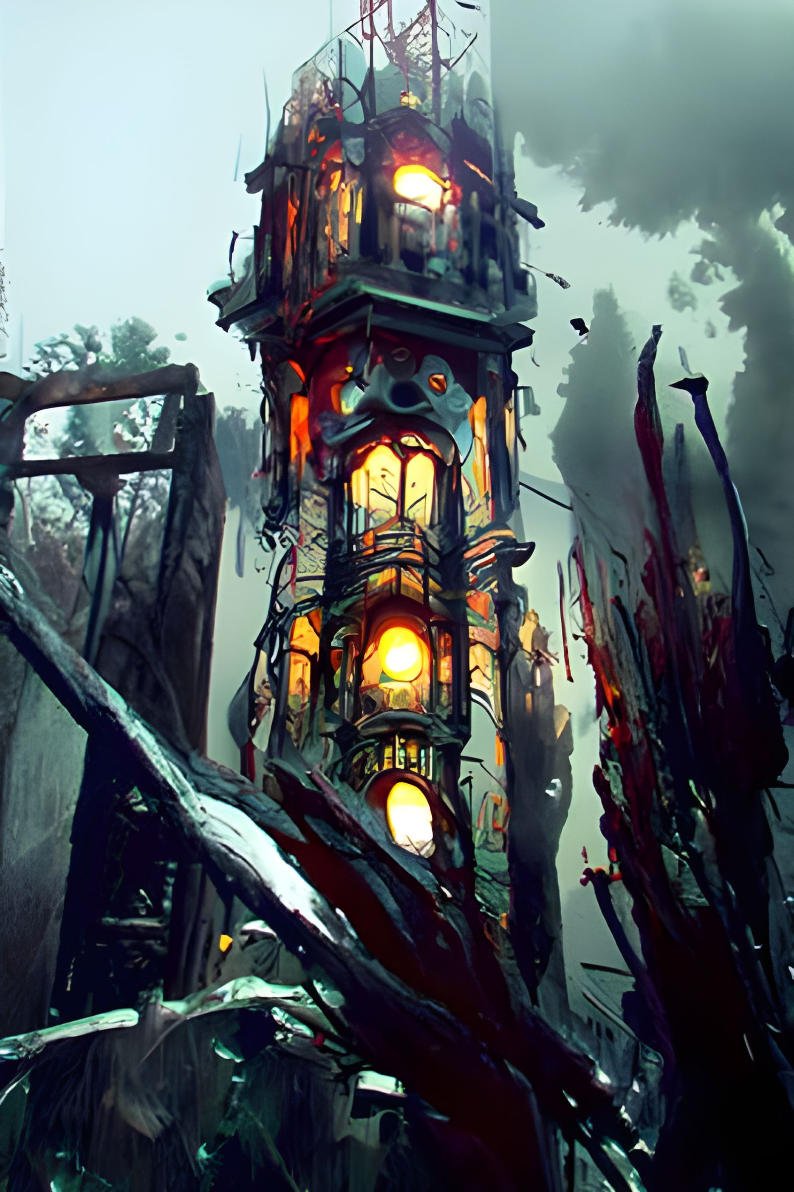 Dark Clock Tower of Doom in Digital Art Style
