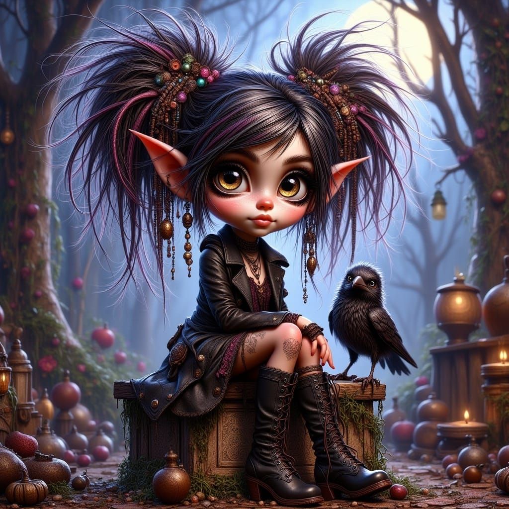 Emo-Goth Chibi Girl on Tombstone, Whimsical Style