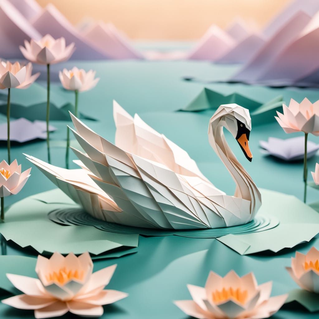 Origami Swan Bathes in Lotus Lake: Papercraft Art