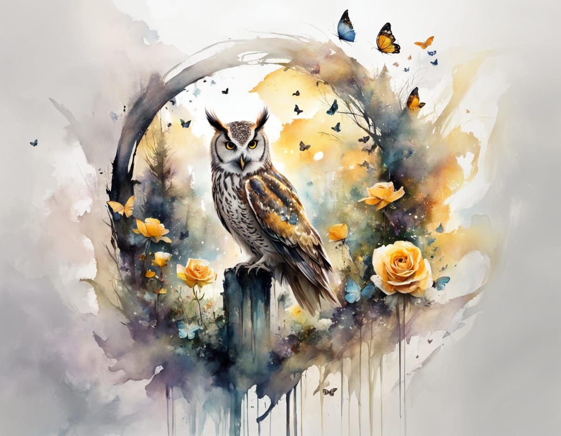 Woman with Owl in Twilight Forest