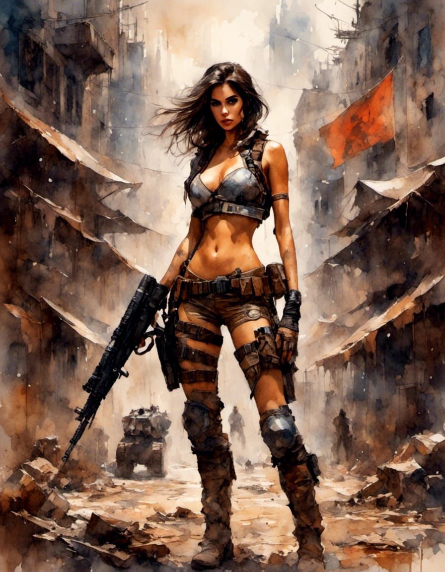 Brunette Rebel Fighter in Dystopian Cityscape