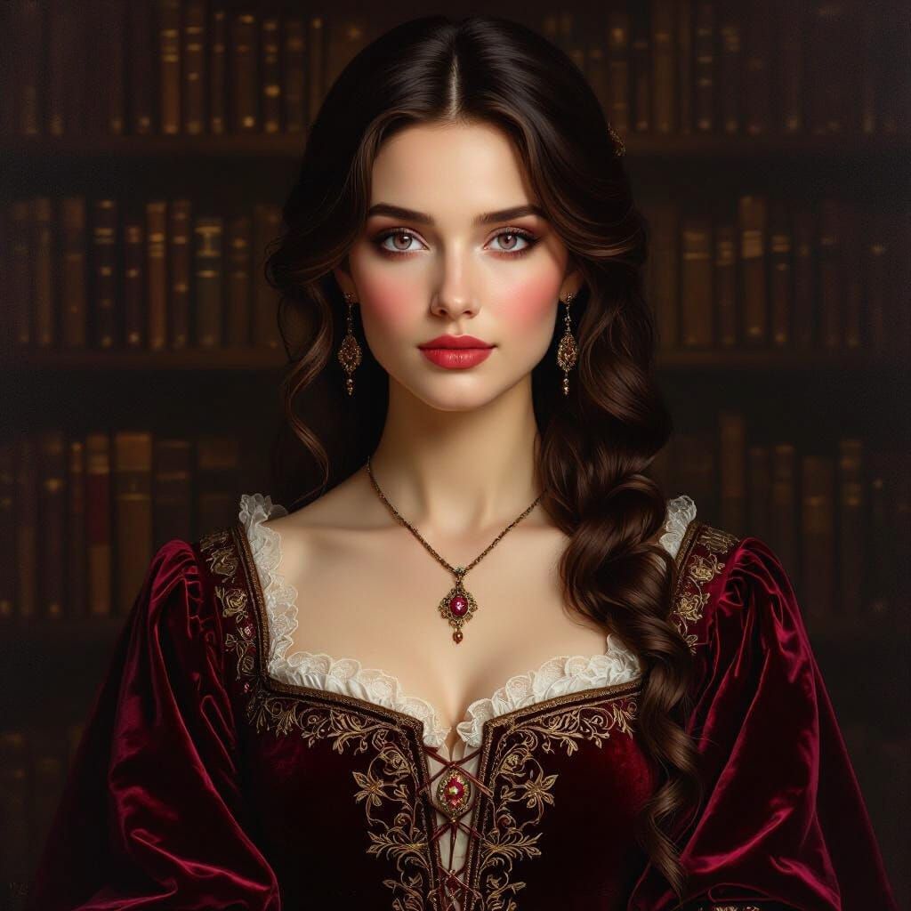 Medieval Woman Portrait with Pink Eyes in Crimson Gown