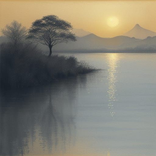 Impressionistic Ink Wash of a Tree at Golden Hour