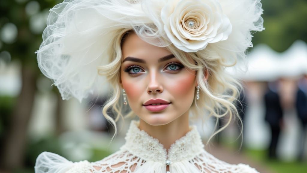 Elegant Woman in White at Ascot Races