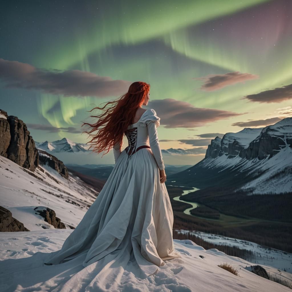 Red Haired Woman on Snowy Mountain Observing the Aurora Bore...