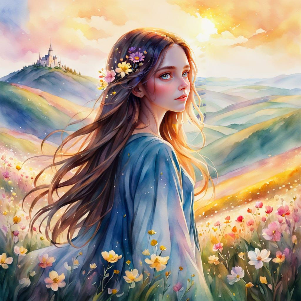 Young Woman with Flowers: Watercolor Fantasy Art